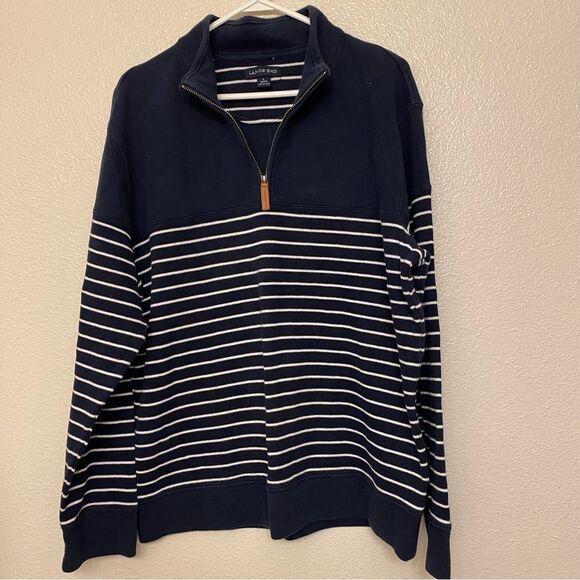 Lands' End Men's navy blue striped Rib Quarter Zip cotton Sweater preppy L - Picture 1 of 9